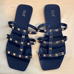 Women's Navy Sandals with Gold Studs